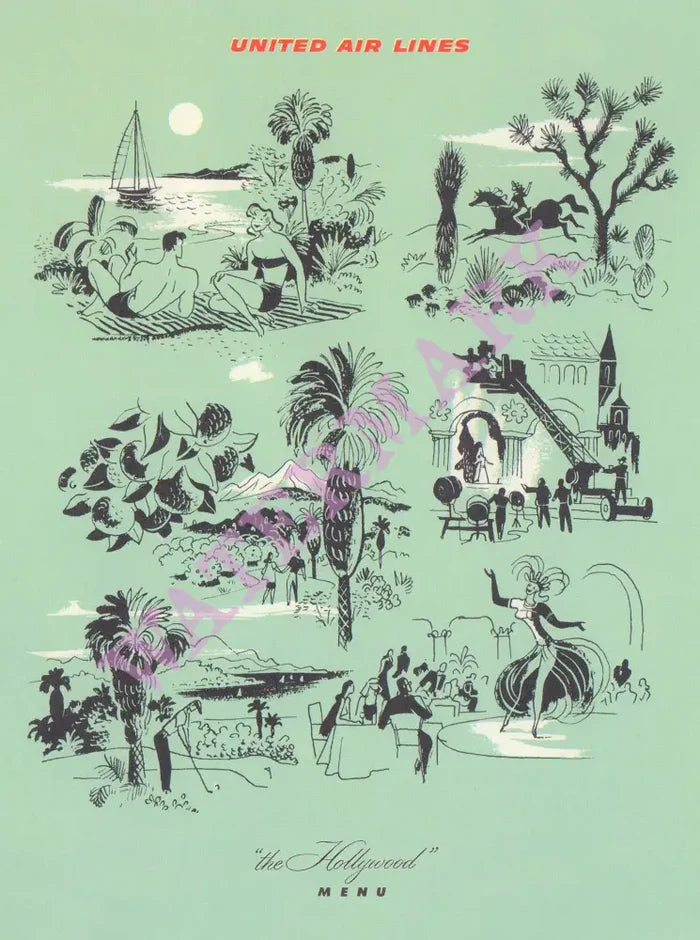 United Airlines, The Hollywood Menu 1950s Menu Art
