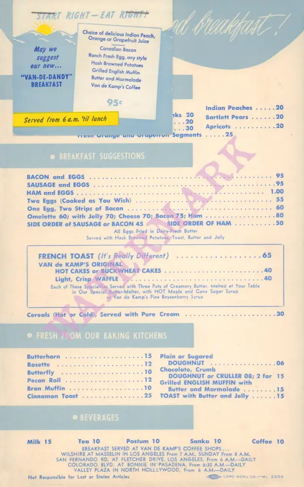 Van de Kamp Coffee Shop Breakfast Menu, California 1950s Menu