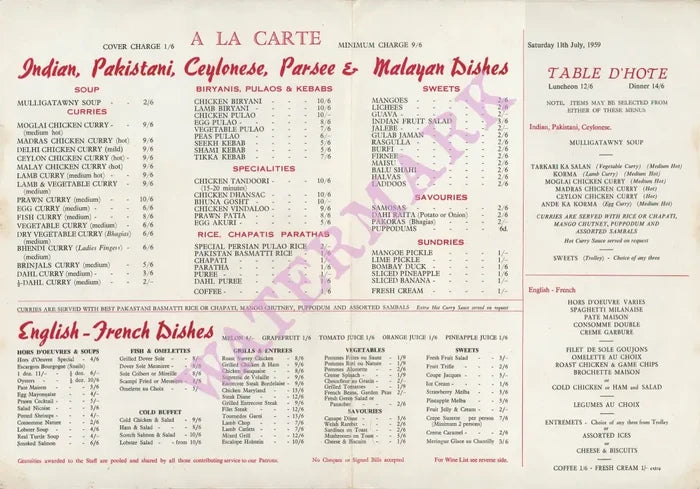 Veeraswamy, London 1959 Menu