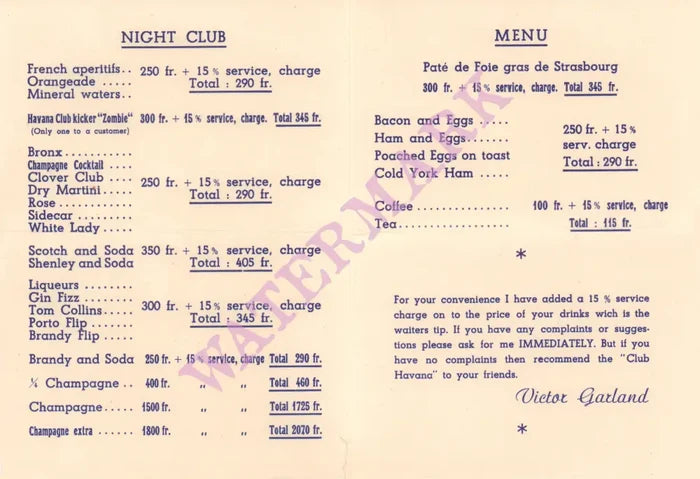 Victor Garland's Club Havana, Nice 1950s | Vintage Menu Art – drinks and food menu