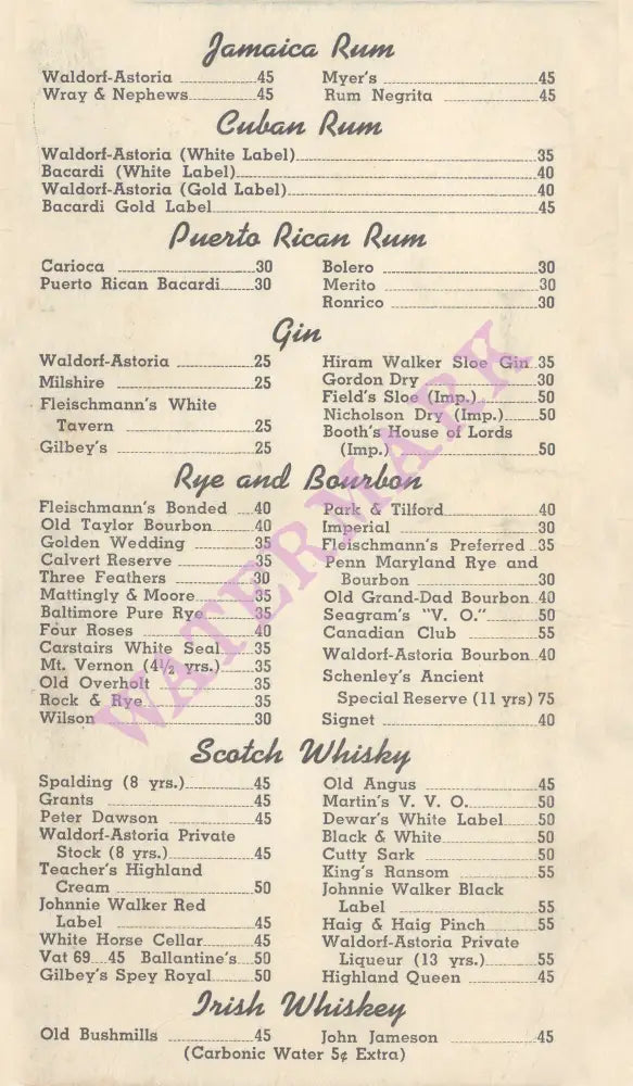 Waldorf Astoria, New York 1940s | Vintage Menu Art - Drinks
