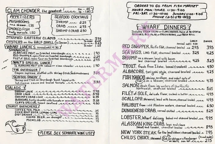 Walt's Wharf, Seal Beach 1970s/80s Menu