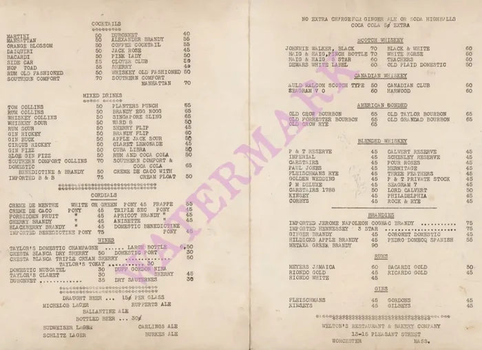 Welton's, Worcester MA 1947 Menu