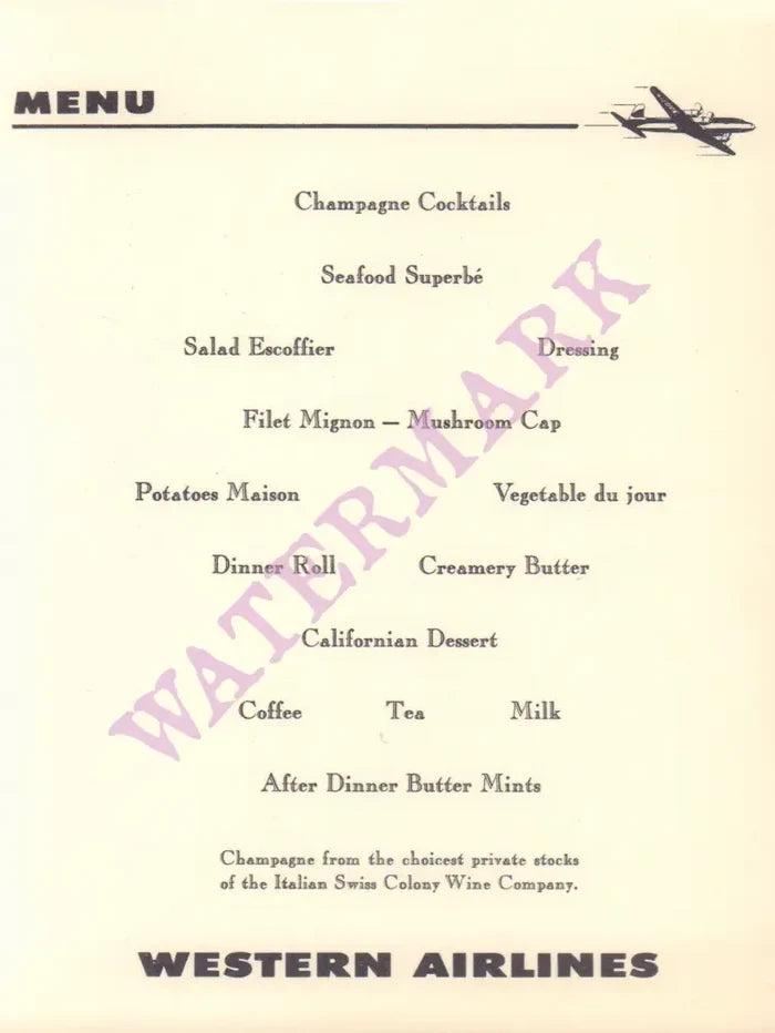 Western Airlines, Champagne Flight 1950s Menu