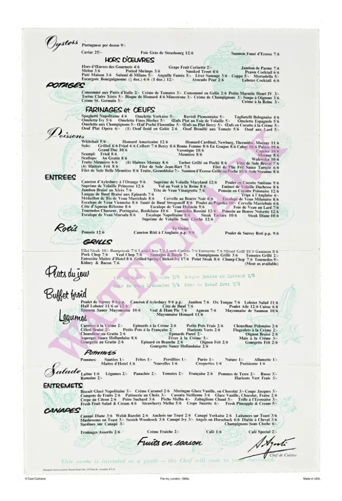 The Ivy 1950s Menu Prices, London Restaurants in the 50s