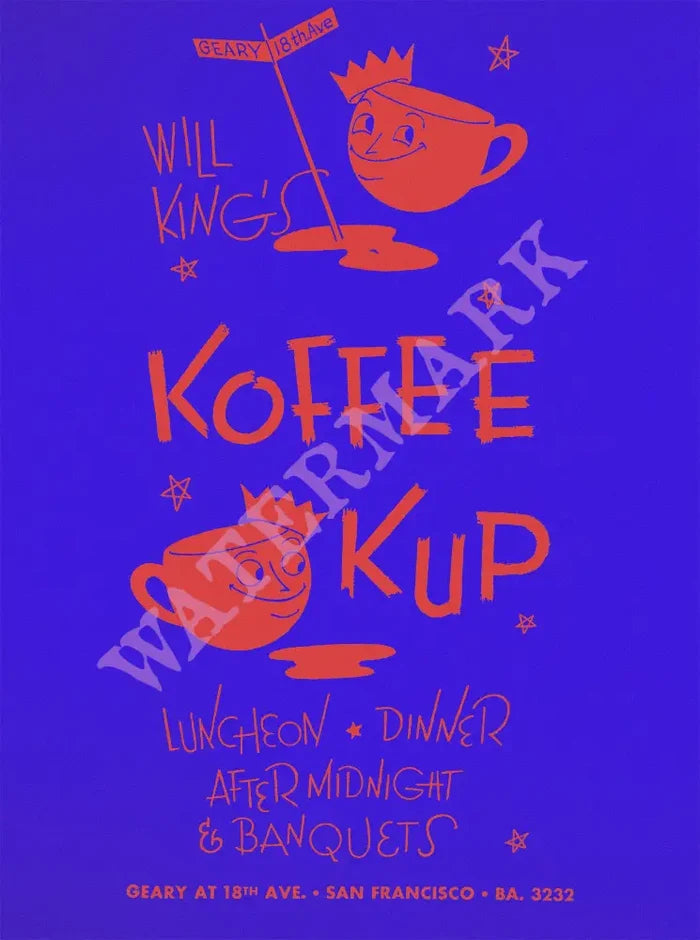 Will King's Koffee Kup, San Francisco 1940s Menu Art