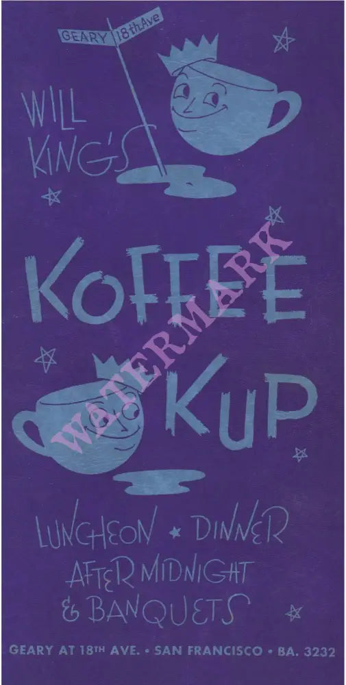 Will King's Koffee Kup, San Francisco 1948 Vintage Menu Art
