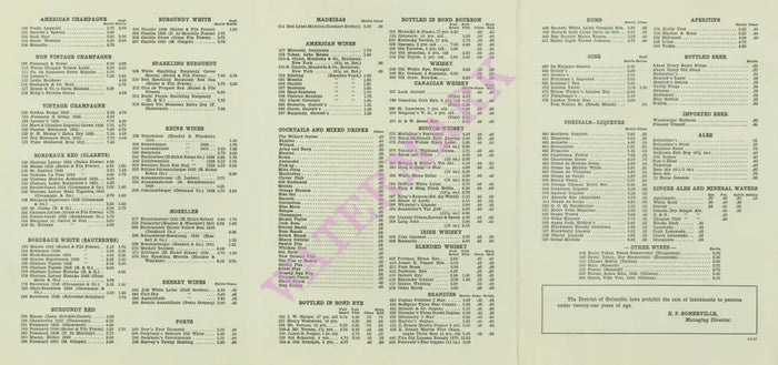 Willard Hotel, Washington D.C. 1936 Room Service Wine List