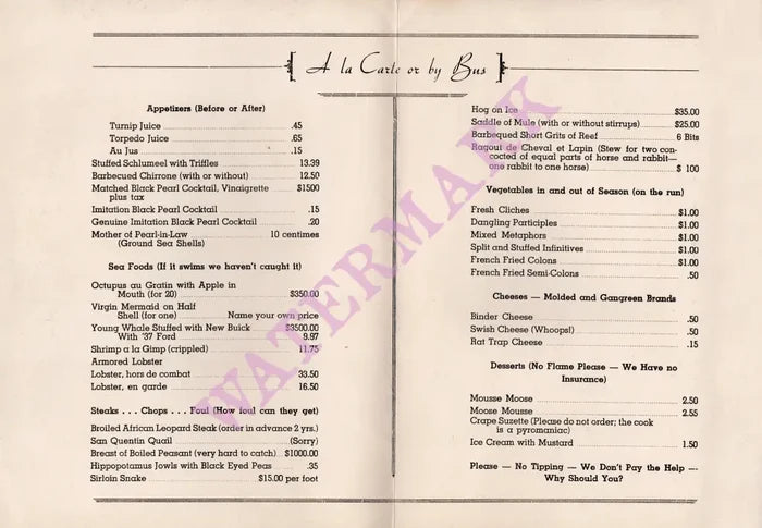 Willard's, Los Angeles 1940s Joke Menu