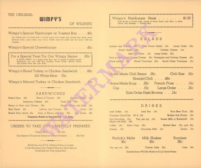 Wimpy's, Los Angeles 1940s - Vintage Menu Art – food menu