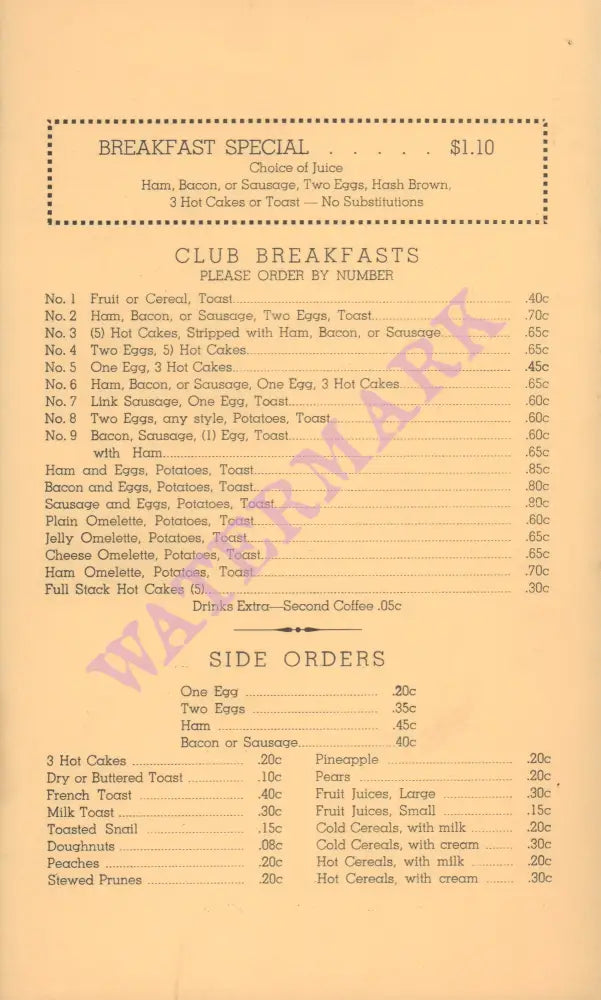 Wimpy's, Los Angeles 1940s - Vintage Menu Art – breakfast menu