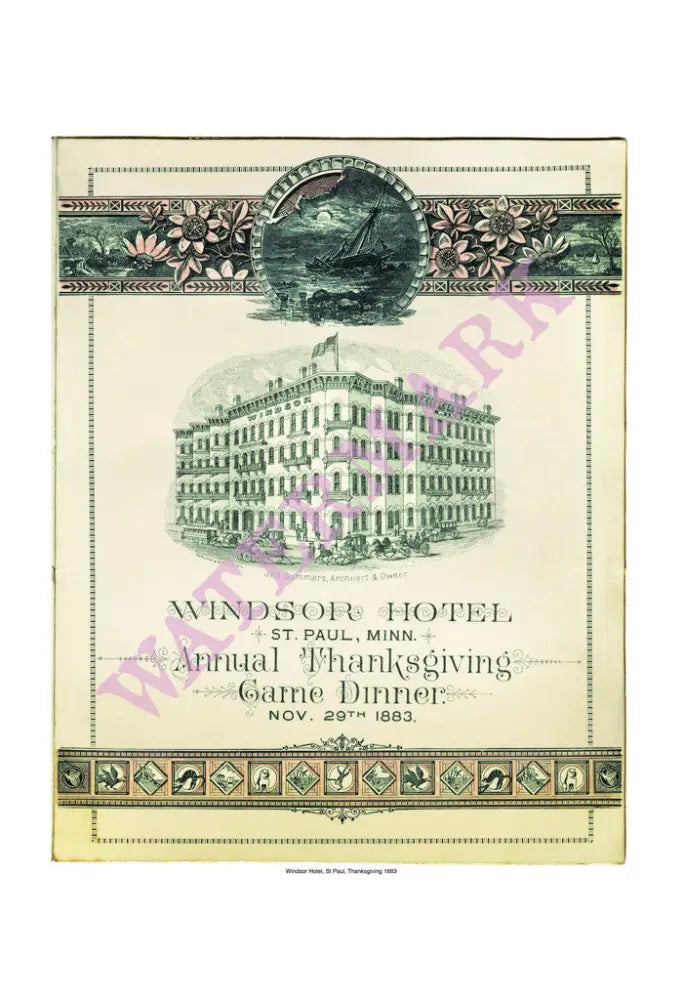 Windsor Hotel St Paul Thanksgiving 1883 Vintage Americana Menus