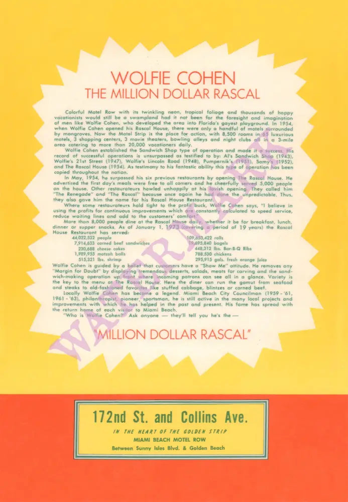 Wolfie Cohen's Rascal House, Miami Beach 1970s | Vintage Menu Art - story on back cover